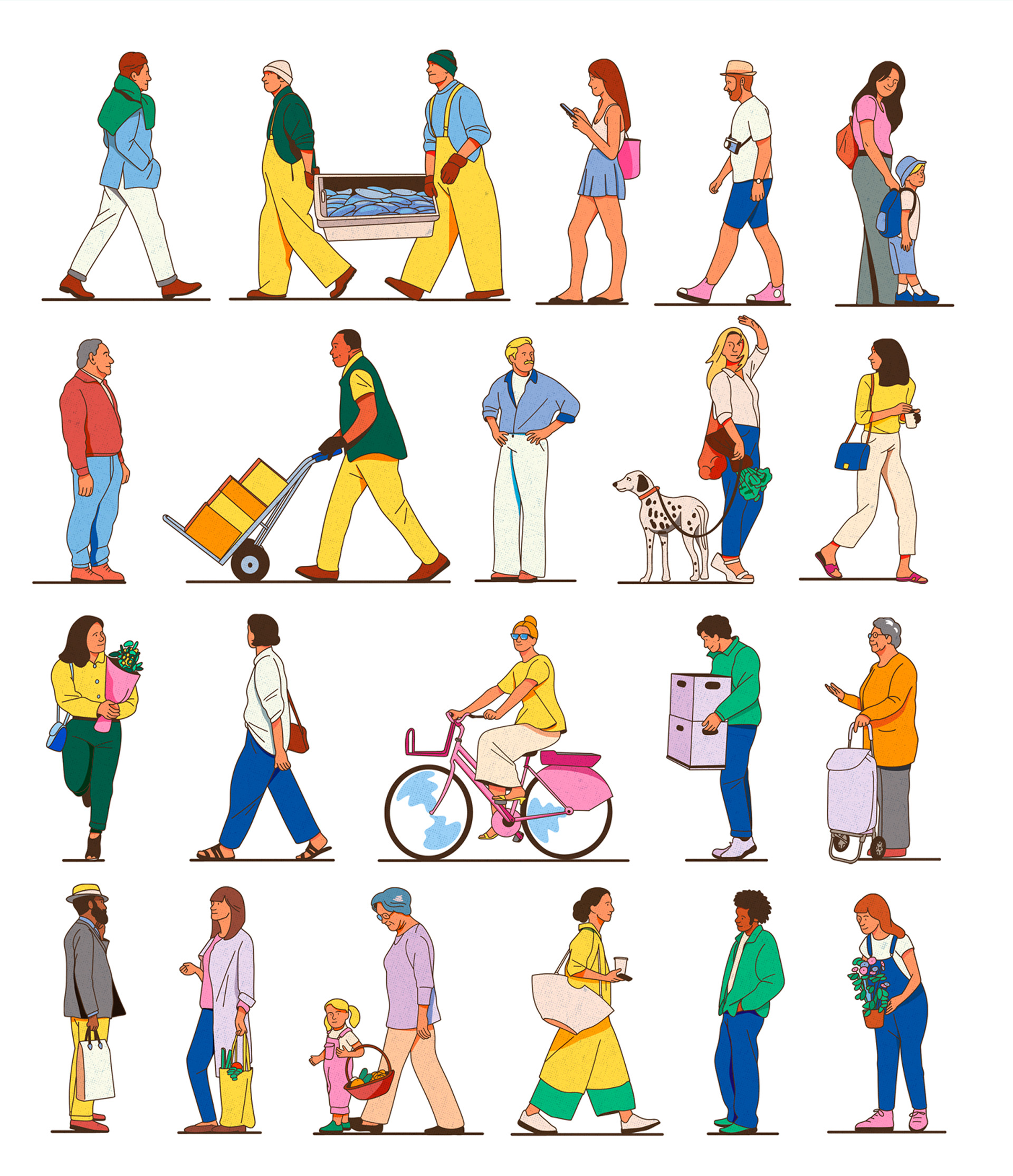 Planche d'illustrations de personnages variés destinés à la fresque des Halles.