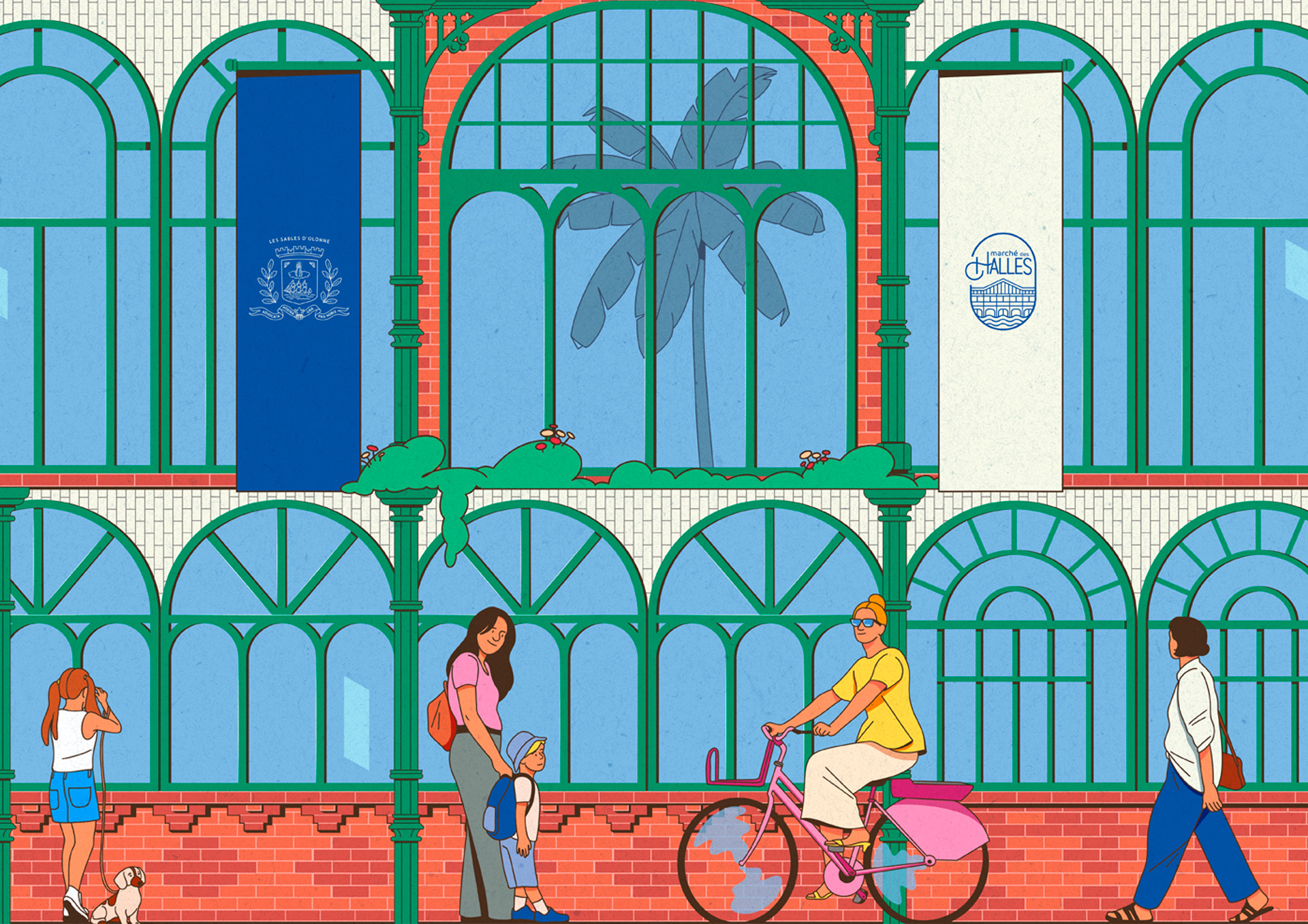 Détail d'un personnage à vélo illustré sur la façade du marché sablais. Réalisé par Fagostudio